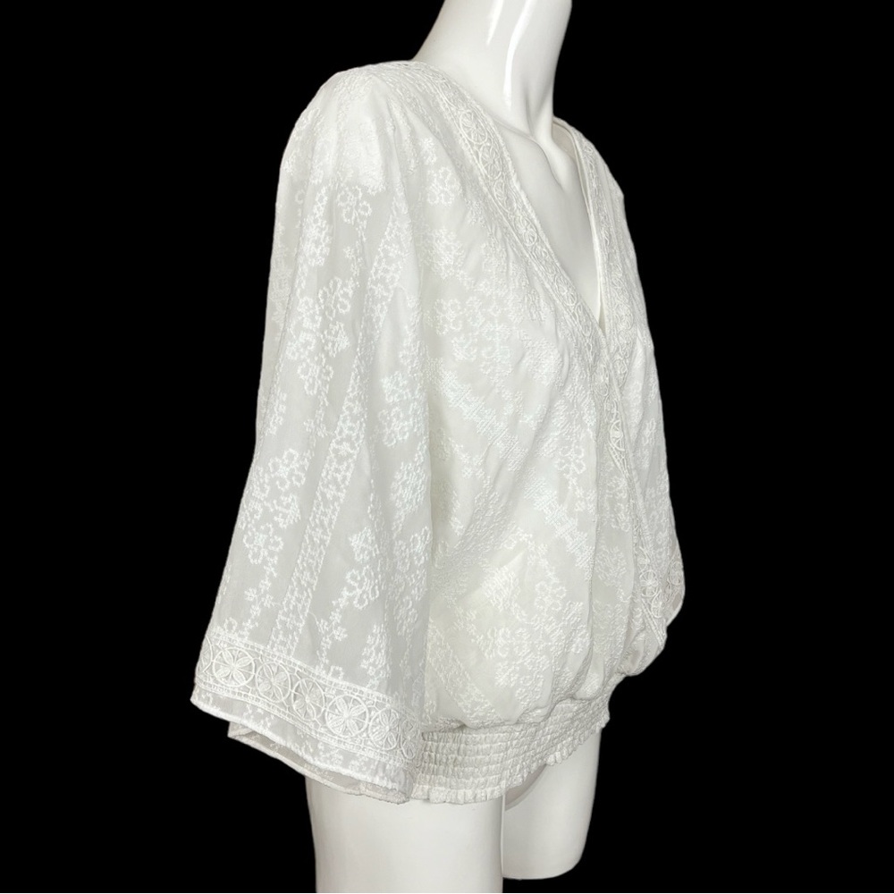 WHBM White Embroidered Kimono Sleeve Smocked Waist Surplice Blouse Size Large - Picture 4 of 15
